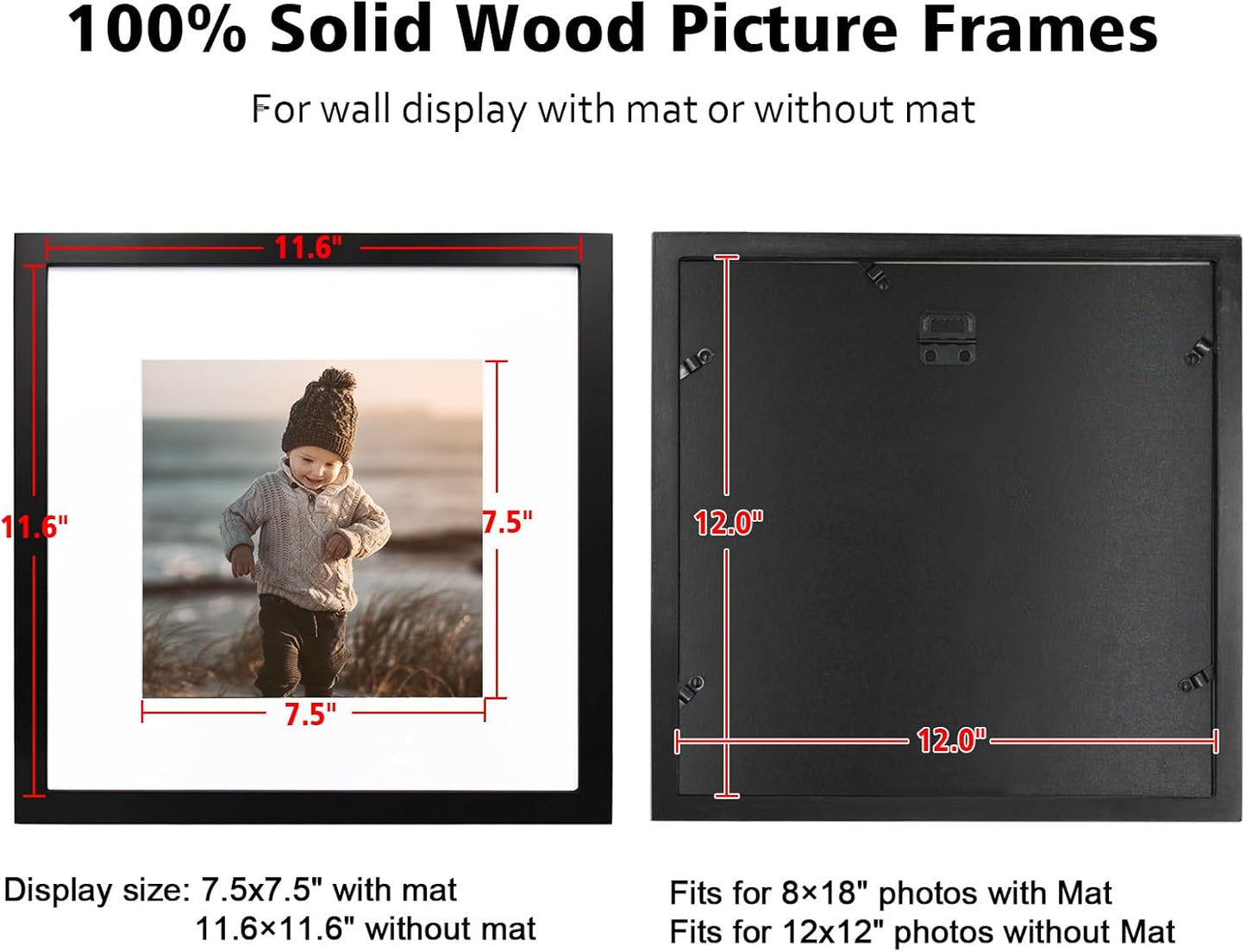 KINLINK 12x12 Picture Frame, Black Square Solid Wood Frames for Pictures 8x8 with Mat or 12x12 without Mat, Wall Display Photo Frames Black 4 Pack