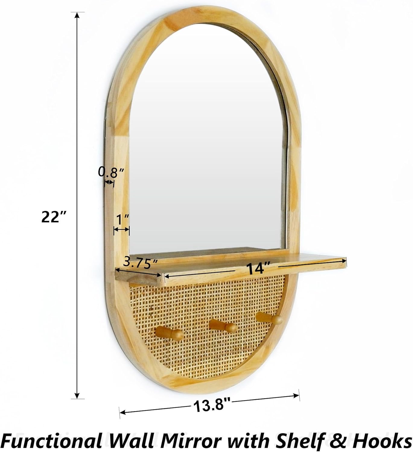 Entryway Mirror with Hooks, 22x14 Inch Boho Wall Mirror with Removable Shelf, Oval Solid Wood Framed, Handmade Rattan Wall Mirror for Over Sink, Bathroom, Bedroom, Living Room, Hallway, Vanity