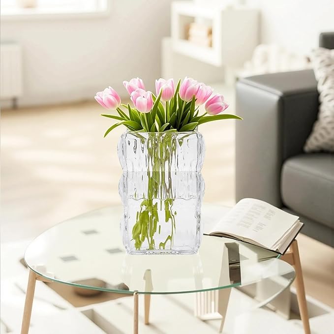 VECELO Crystal Glass Vase - Textured Clear Flower Vase for Fresh Flowers & Hydroponic Plants, Modern Decorative Centerpiece for Dining Table, Coffee Table & Home Décor, 9.06 Inches