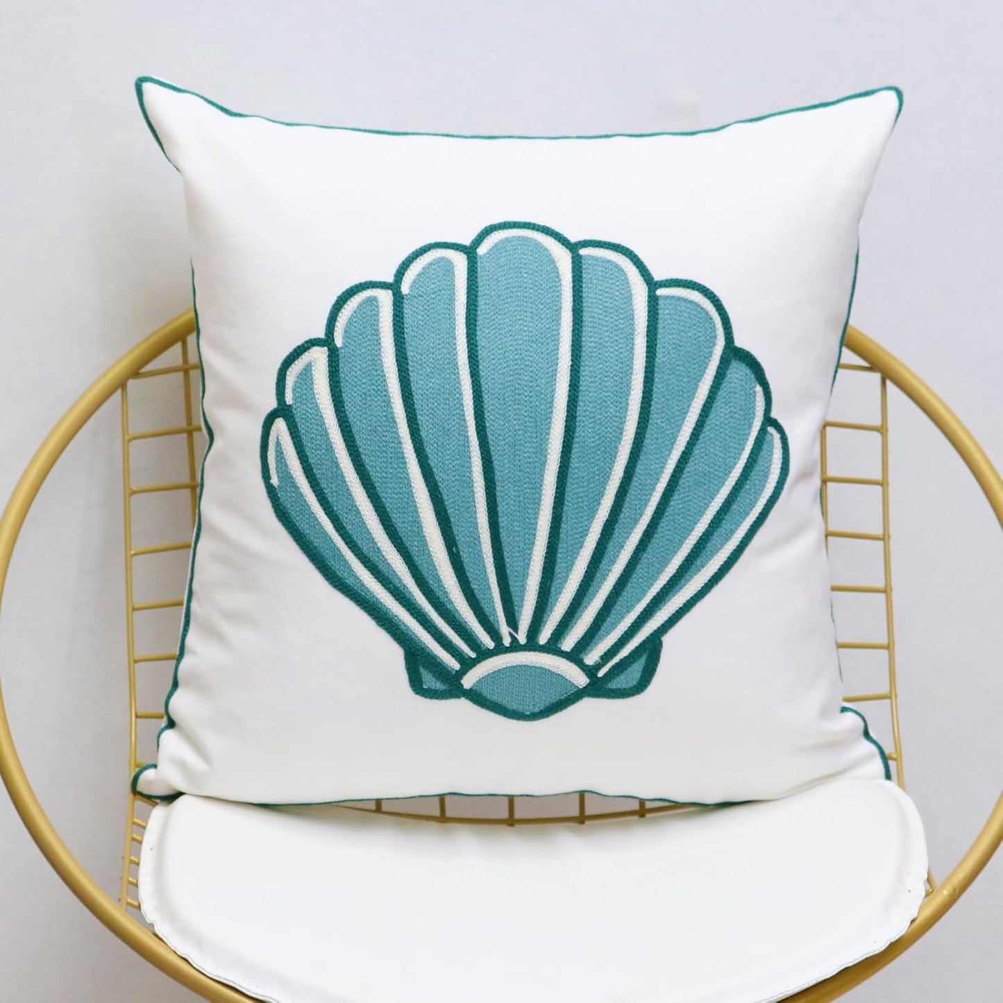 1 PCS Embroidered Throw Pillow Cover Cotton Decorative Square Cushion Cases for Home Sofa Bed and Chair 18 x 18 Inch (Blue Sea Shell-2)