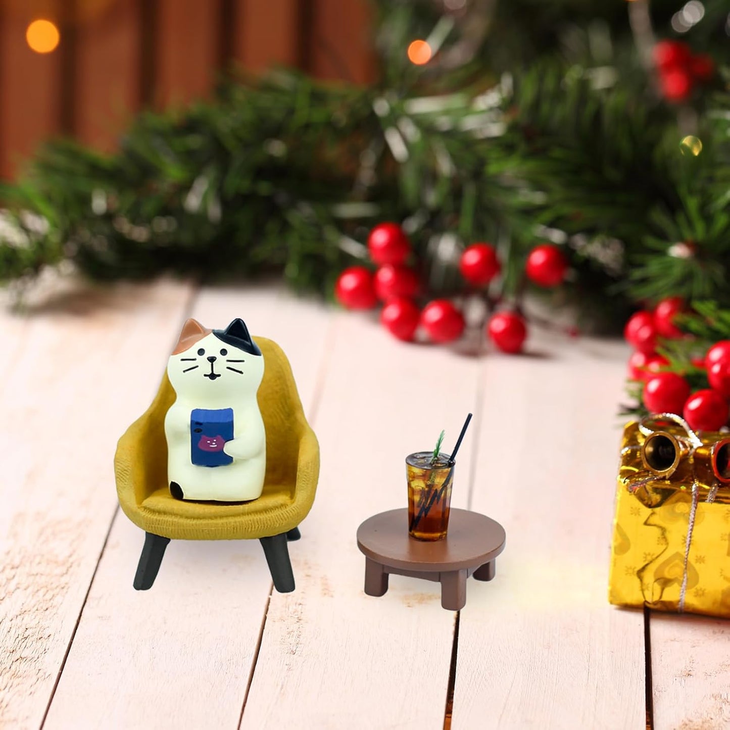 Cute Cat Playing Phone on Sofa and Drinking Coffee Figurine for Office Home Decor - Cute Cat Gift for Cat Lovers