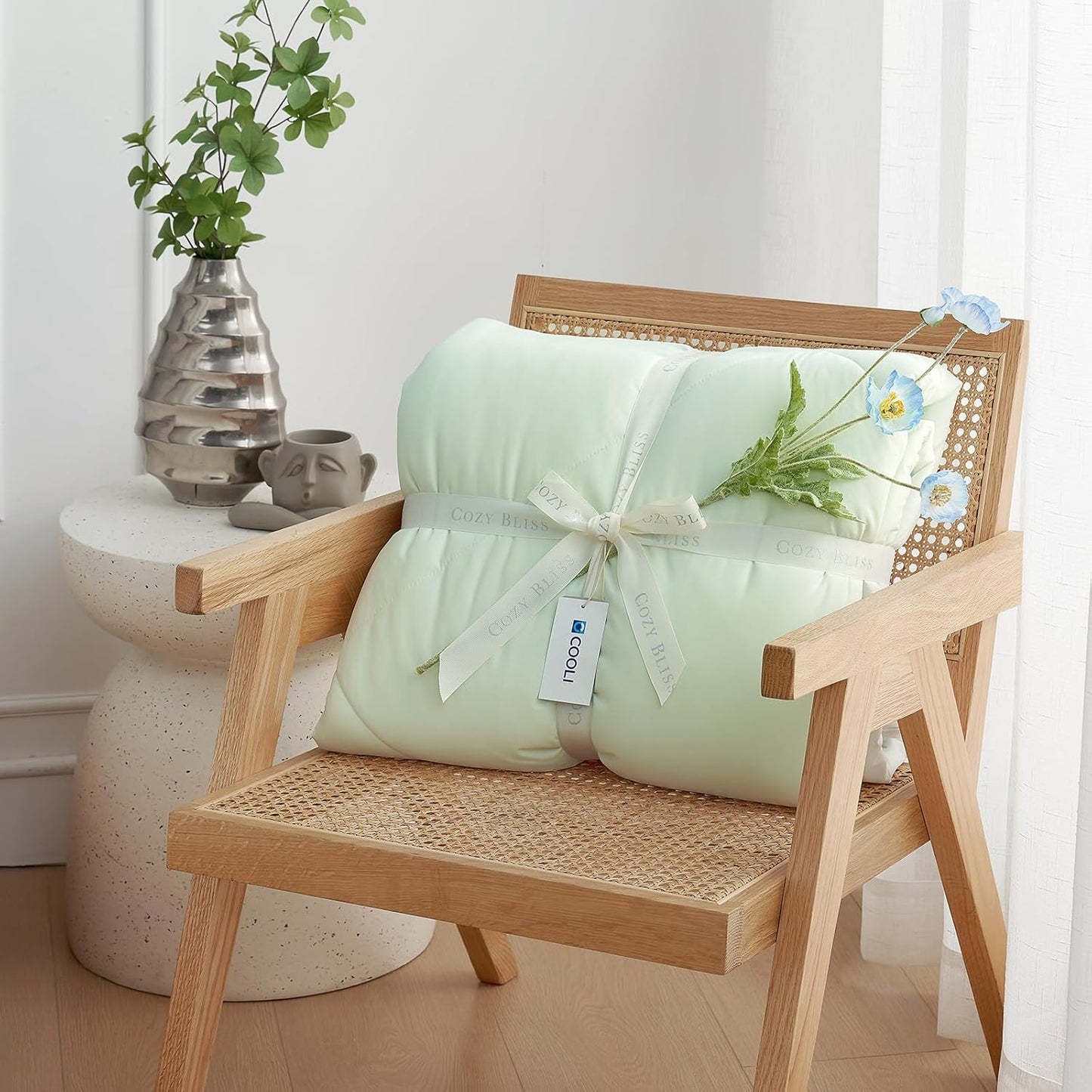 Cozy Bliss Cooling Comforter King Size, Cooling Blankets for Hot Sleepers and Night Sweats, Light Mint Green Cream Summer Comforter for King Size Bed, Breathable Soft Lightweight Silk Smooth