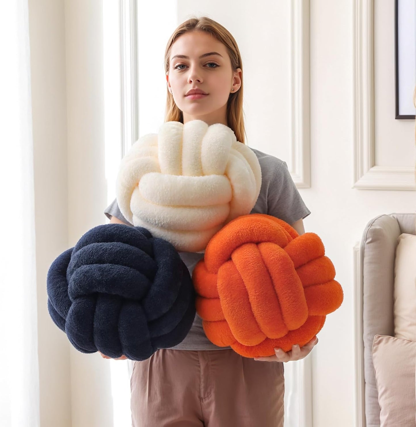 Knot Pillow Ball Plush - Decorative Throw Pillows for Bed Stress Relief, Round Knot Cushion for Sofa Decor Pet Toy, Cream 12 inch