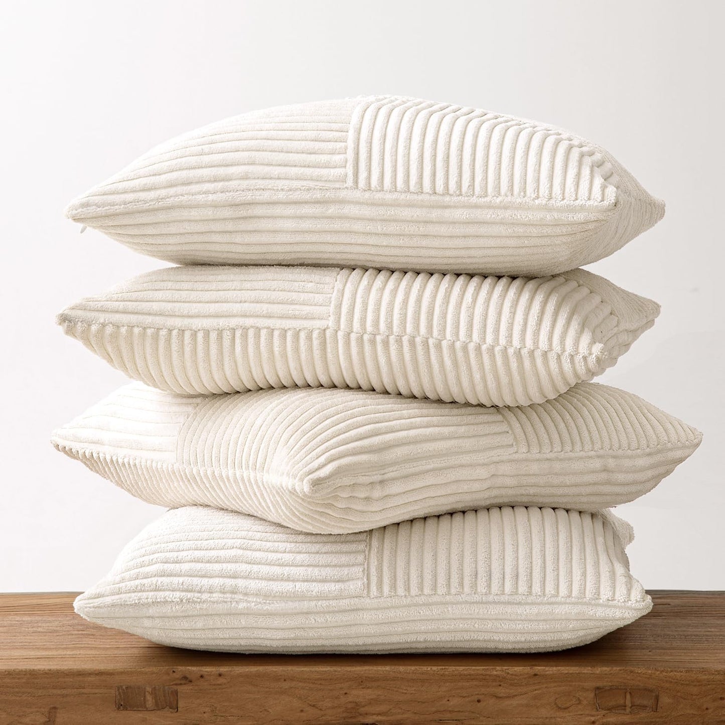MIULEE Beige Throw Pillow Covers 18x18 Inch Set of 4 Boho Patchwork Cushion Cases Modern Farmhouse Pillow Cases with Invisible Zipper Corduroy Striped Home Decor for Couch Sofa Bedroom