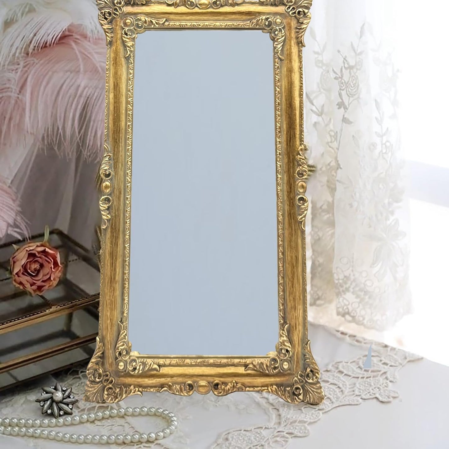 Gold Vintage Mirror 8x14 Inch, Antique Ornate Decorative Mirror for Desk & Wall, Small Vanity Mirror for Makeup Wall Decor, Antique Gold