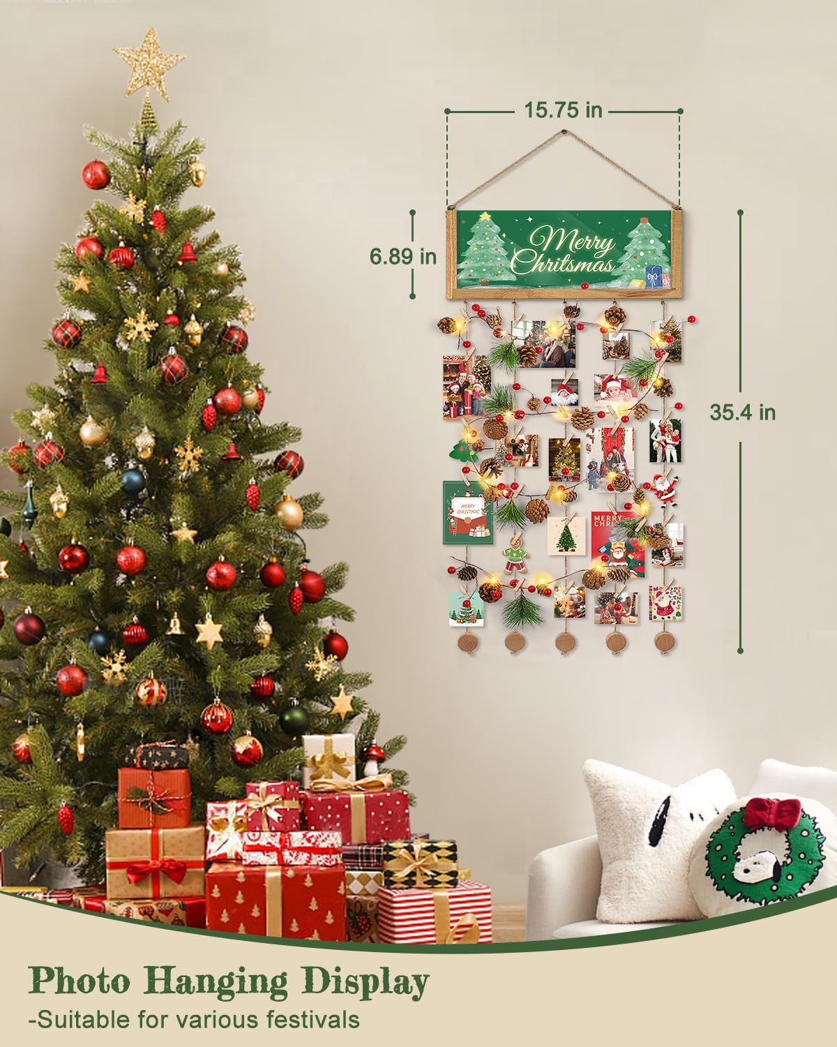 Bikoney Rustic Picture Frames Collage Wall Decor - Happy Birthday Banner Photo Hanging Display for Dorm Room Home with Gift Card Storage and 30 Clips