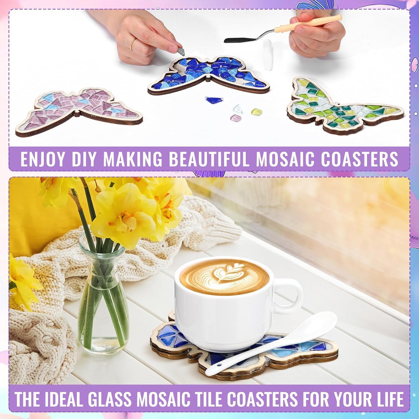 Honeydak 6 Sets DIY Glass Mosaic Tiles for Crafts with Butterfly Wooden Coasters for Adults Mixed Color Mosaic Crafts Materials Package for Coaster Stained Glass Kit for Handmade Home Decor Gifts