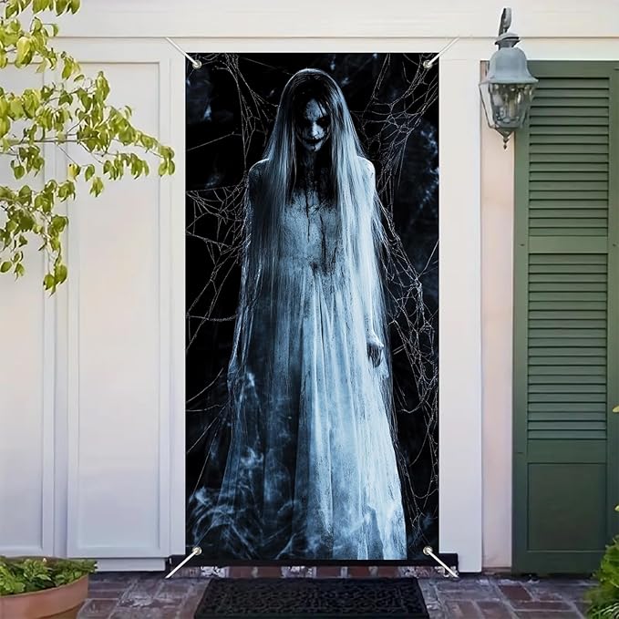 Halloween Door Cover 71x35 Inch Front Porch Door Banners Decoration Spooky Ghost Spider Web Fall