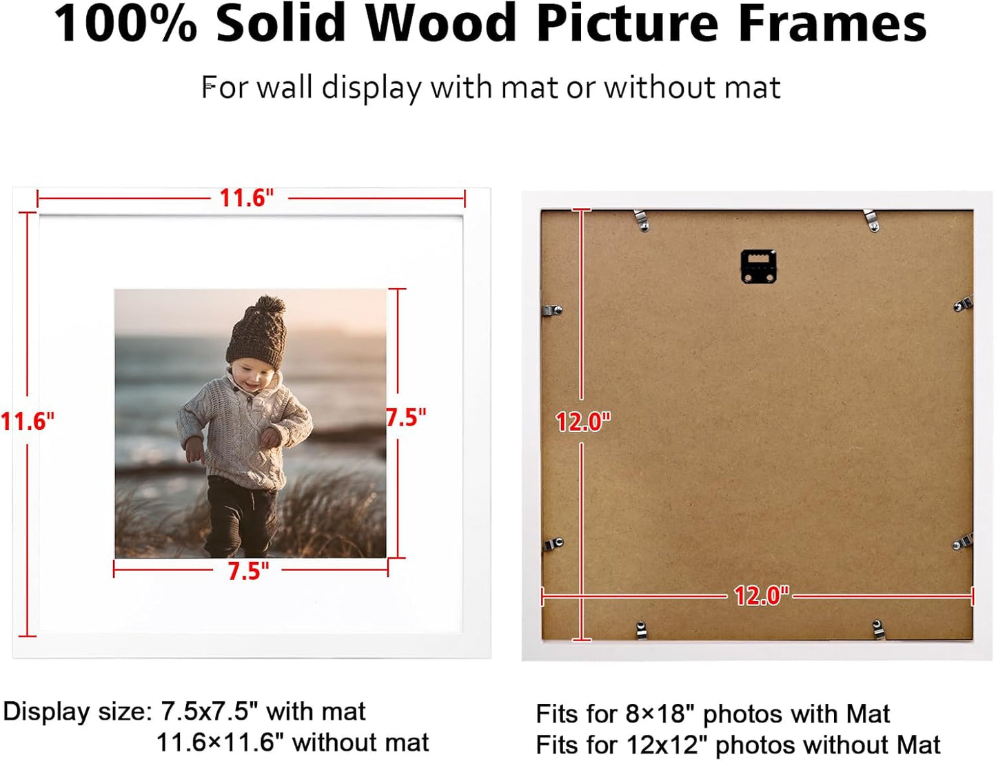 KINLINK 12x12 Picture Frame, White Square Solid Wood Frames for Pictures 8x8 with Mat or 12x12 without Mat, Wall Display Photo Frames White 4 Pack