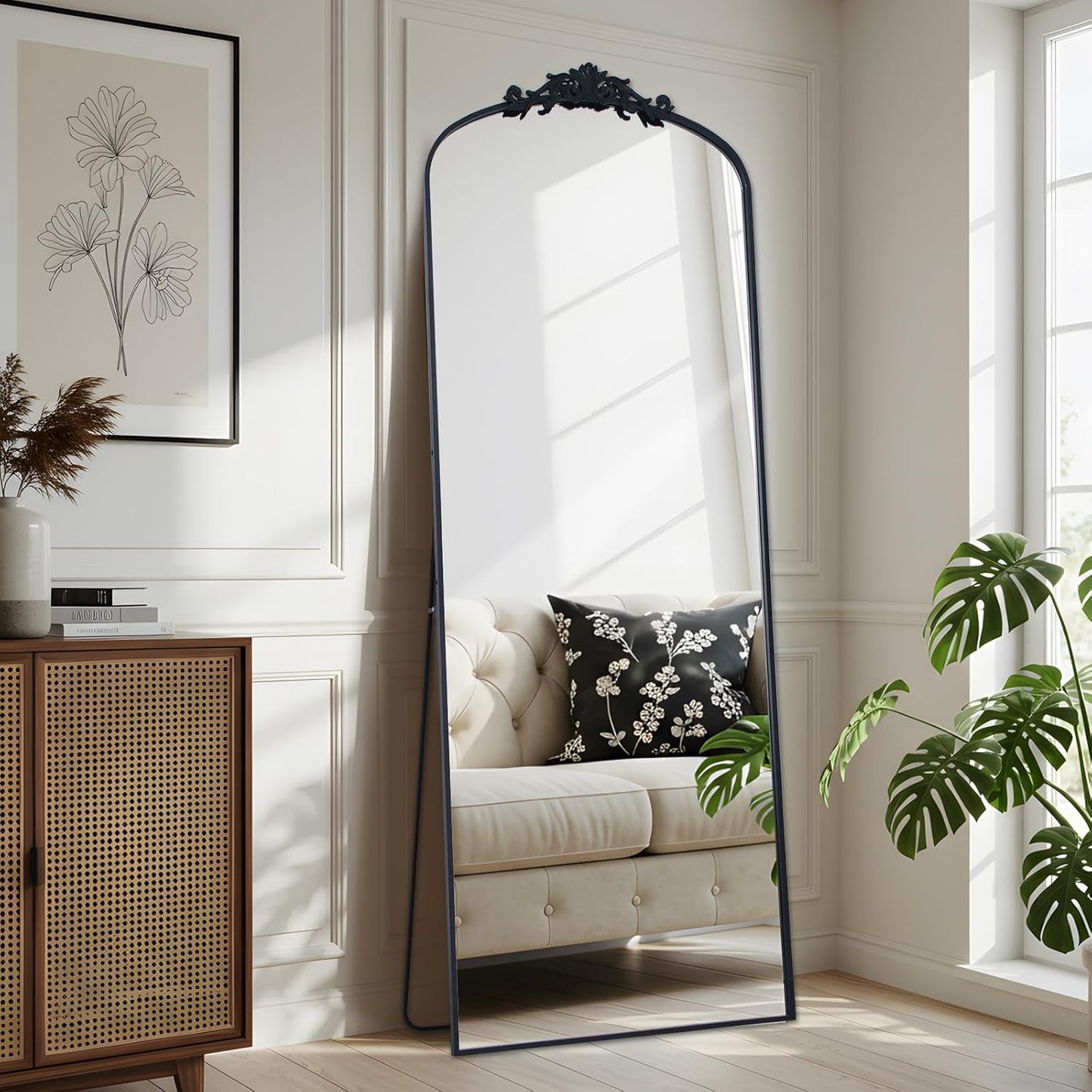 Filigree Floor Mirror 71"x30" Full Length Freestanding with Vintage Ornate Carved Applique Full Body Mirror Hanging Wall Mounted for Living Room Bedroom Retro Home Decor Mirror, Black