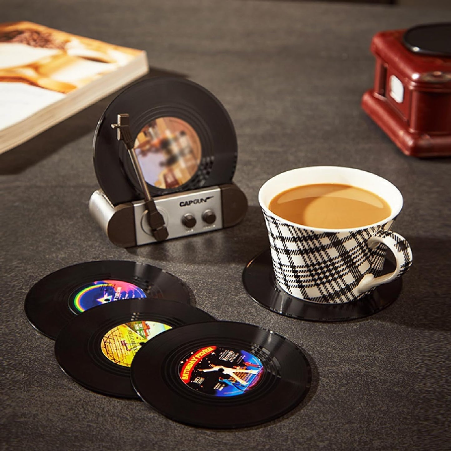 Funny Retro Vinyl Record Coasters, Creative Drink Coasters Set of 6 with Vinyl Record Player Holder for Music Lovers, Housewarming Hostess Gifts, Birthday and White Elephant Gifts Ideas