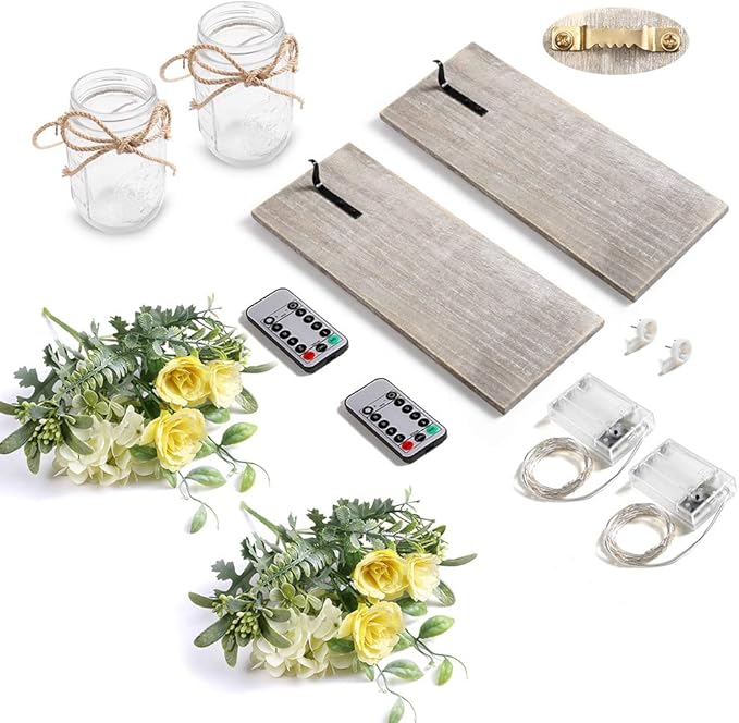 Wall Decor Mason Jar Sconces - Rustic Farmhouse Home Decor with Remote Control Wall Lights and Yellow Rose for Bedroom Wall Decor Living Room Kitchen Decorations Set of Two