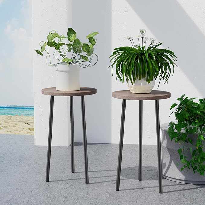 Plant Stand Indoor 2 Pack: Corner Wood 20 Inch Plant Stand Mid Century Modern Decor - Small Round Plant Table for Indoor Plants - Outdoor Plant Holder for Patio Living Room Bathroom Office (Grey Wood)