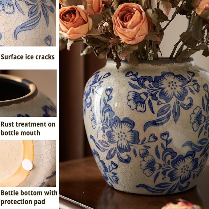 Blue and White Vases, Ceramic vases for Home Decor, Farmhouse Flower vase, Blue vase for Living Room Decor, Vintage Vase for Console Table Mantle Chinoiserie Decor