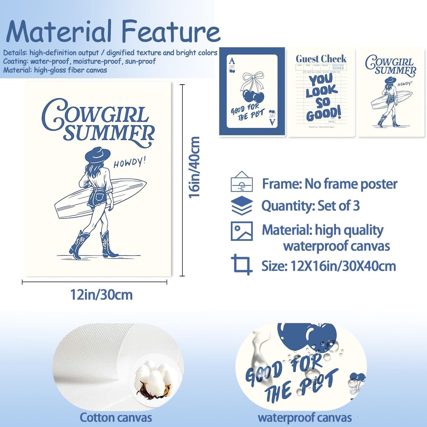 Blue Preppy Canvas Wall Art Poster Set of 3, Coastal Cowgirl Pictures Wall Decor Paintings, Trendy Cherry Guest Check Prints Aesthetic Home Decor for Teen Girls Bedroom Dorm 12x16 inch Unframed