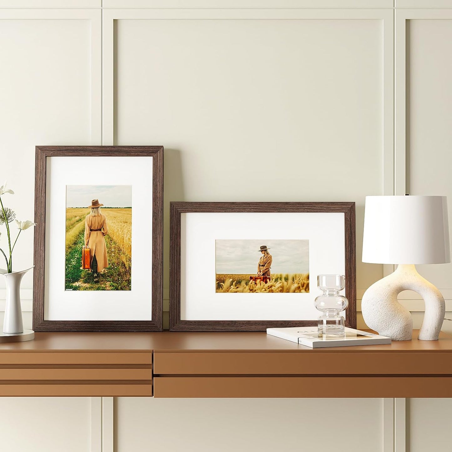Egofine 8x12 Picture Frames Set of 4, Made of Solid Wood Covered by Plexiglass 5x7 and 6x8 with Mat or 8x12 without Mat, for Table Top Display and Wall Mounting Photo Frame Brown