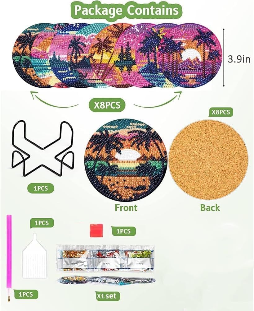 Clendo 8Pcs Diamond Painting Coasters Kits, DIY Landscape Diamond Art Coaster Kits with Holder, Small Diamond Painting Kits for Adults & Kids Art Craft Supplies