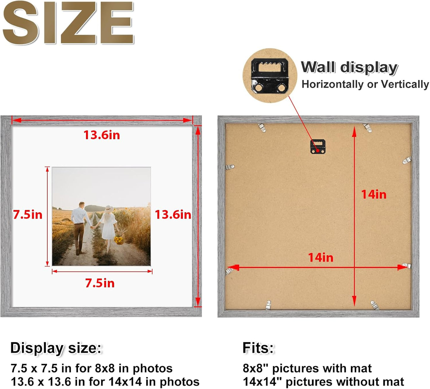 KINLINK 14x14 Picture Frame, Grey Square Solid Wood Frames for Pictures 8x8 with Mat or 14x14 without Mat, Wall Display Photo Frames Grey Wood 4 Pack