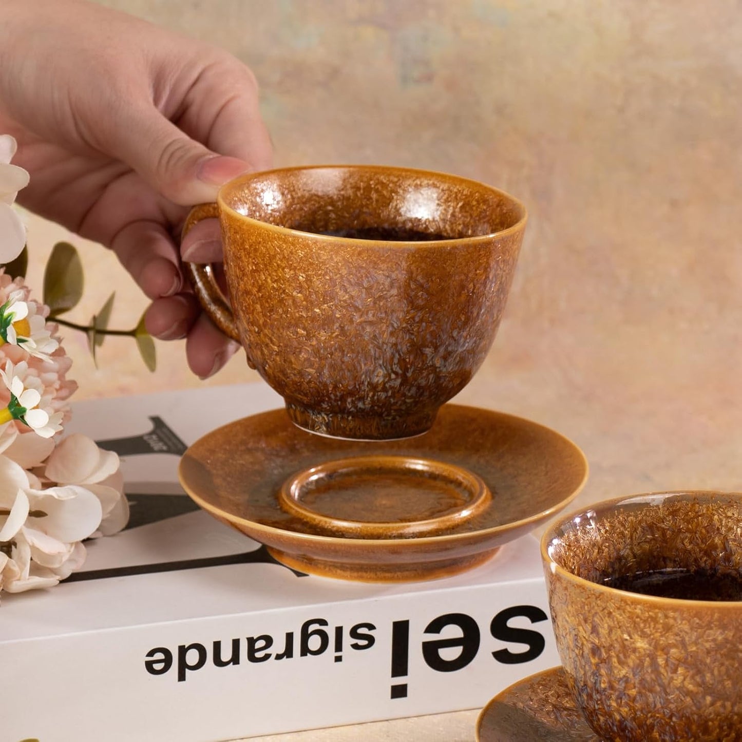 KAMMAK Tea Cups and Saucers Set of 2, Porcelain Coffee Cups, 4.3oz Crystalline Glaze Espresso Mugs, Ceramic Demitasse for Coffee, Cappuccino, Latte, Americano, Tea (Golden Crystal)