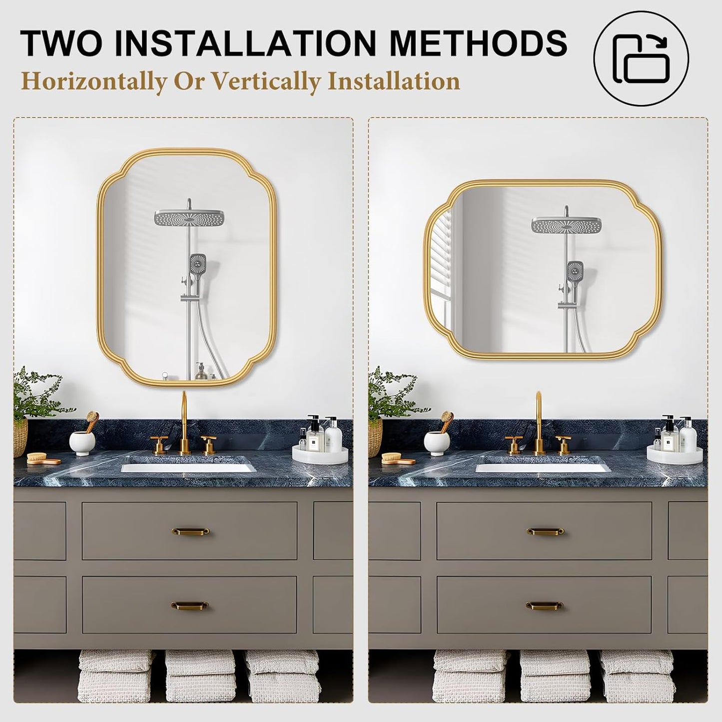 Gold Mirrors for Bathroom, 18" x 24" Rectangular Wall Mirror for Bathroom Metal Frame Farmhouse Rounded Corner Wall Mirror (Horizontal/Vertical)