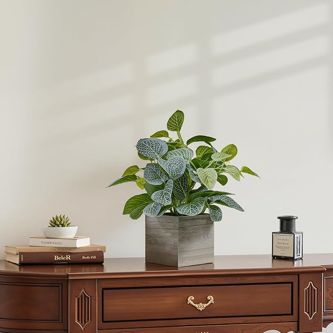 2 Pack Artificial Green Plants with 4"×4" Wooden Cube Bases, 13.5" Tall Faux Foliage for Home & Office Decor, Bookshelf, Bedroom, Living Room, Party, Indoor, Wedding Decorations