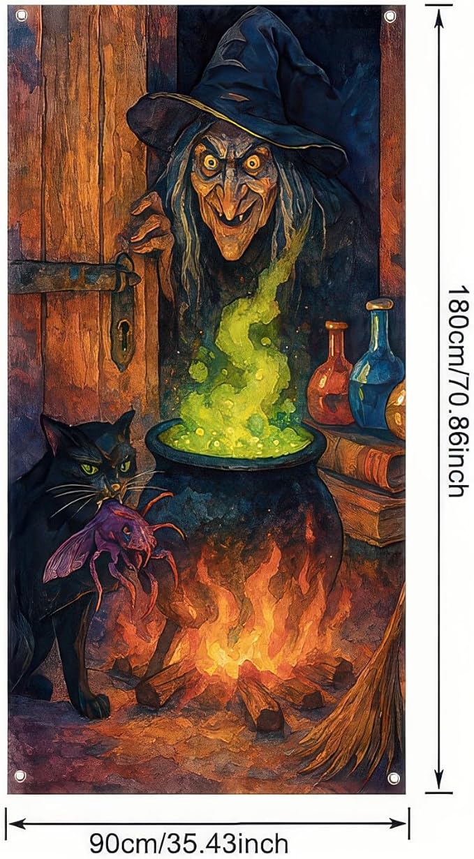 Witch Cauldron Door Cover Halloween Decorations 35x71 Inch Door Banner with Black Cat and Potion Green Fire Spooky Decor for Haunted House Party Indoor Wall Scene