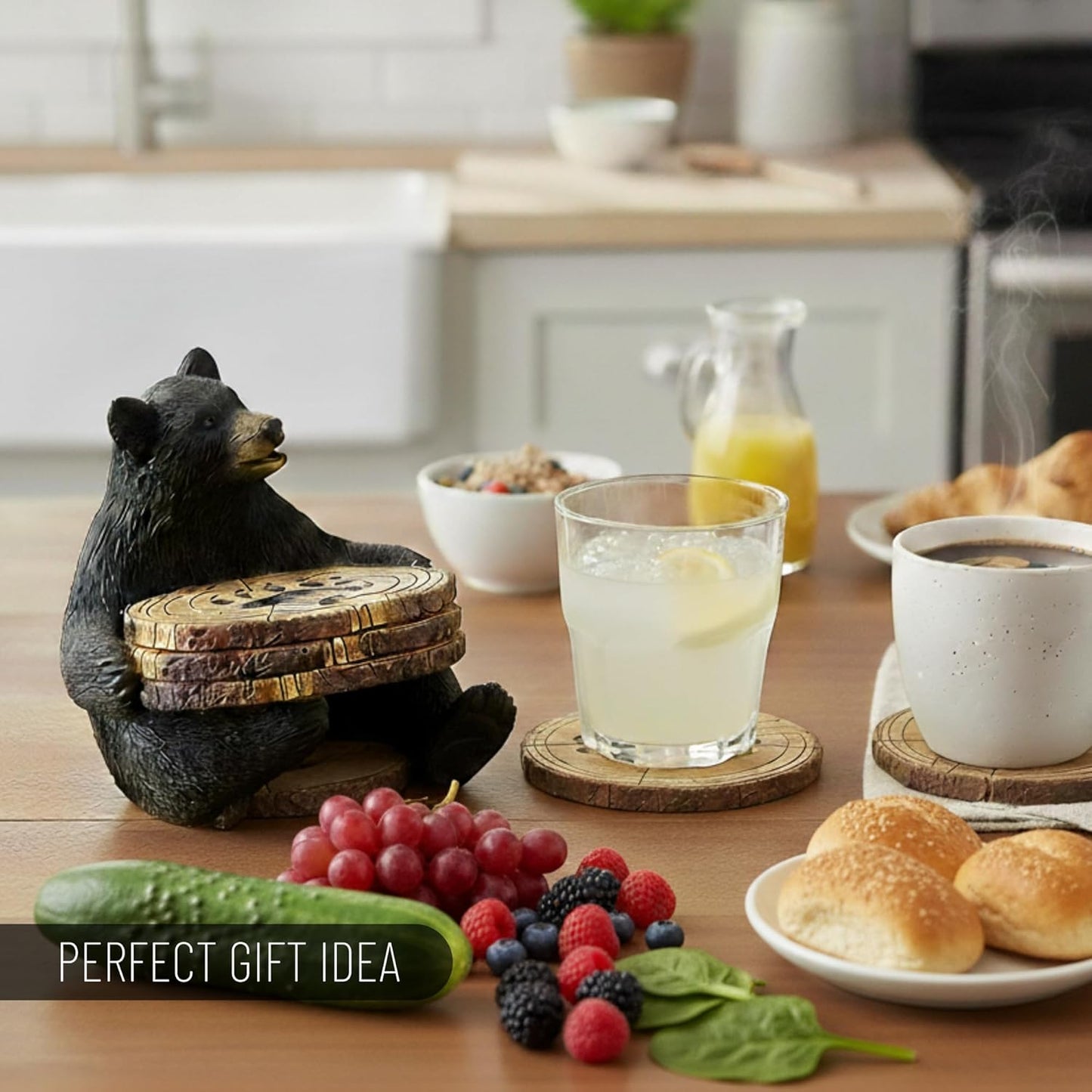 Black Bear Drink Coaster Set of 5 with Rubber Pad Base - Cool Rustic Home Table Beer and Beverage Coaster with Holder