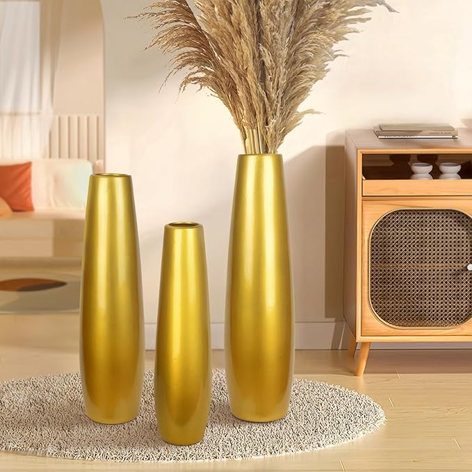 Gold Ceramic Tall Floor Vase,24 Inch Large Modern Flower Vases for Home Décor,Wicker Big Floor Vase Decorations for Farmhouse, Living Room,Bedroom,Standing Plastic Vase Decorative Tall