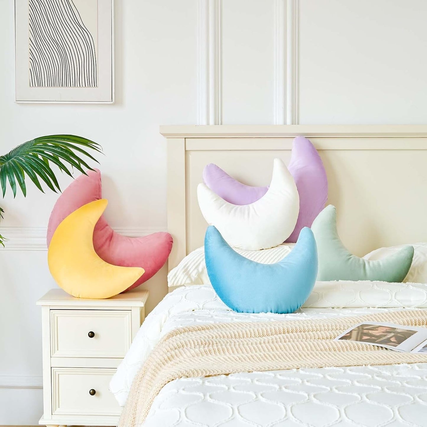 Dusty Blue Moon Pillow, 14.9" Cute Soft Velvet Half Moon Shape Plush Decorative Throw Pillows Cushions Room Decor for Couch Bedroom Living Room