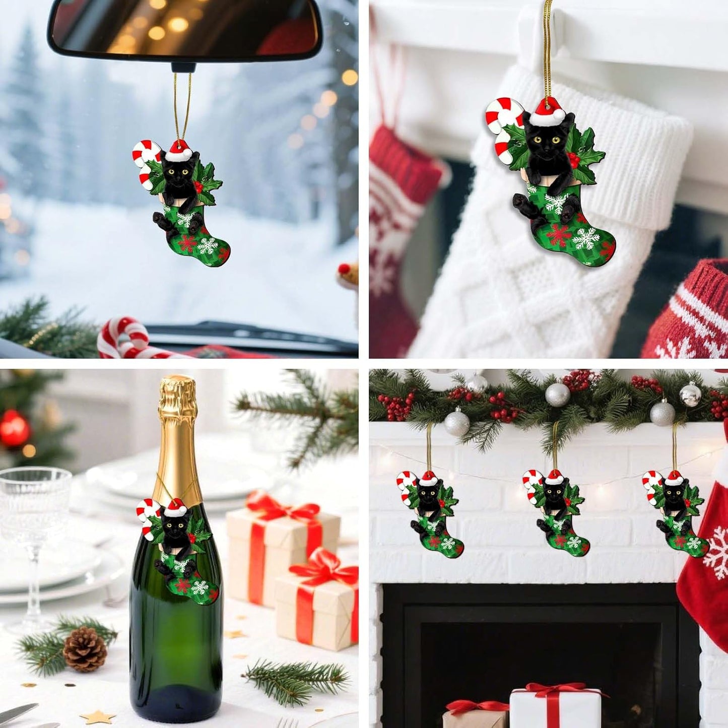 Black Cat Ornament, Funny Ornaments for Christmas Tree, Christmas Decorations, Ceramic Cat in Sock Ornament, Cat Lover Gifts for Christmas Ornament