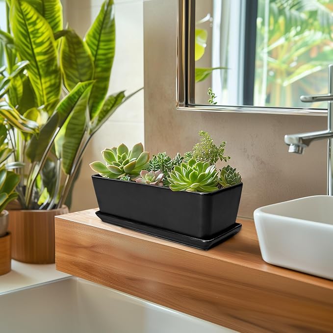 SQOWL Rectangle Planter - 10 Inch Ceramic Plant Pots with Drainage Hole and Saucer, Rectangular Succulent Planters for Indoor Plants, Flower Cactus Herb Pots Outdoor, Room Decor, Garden Gifts, Black