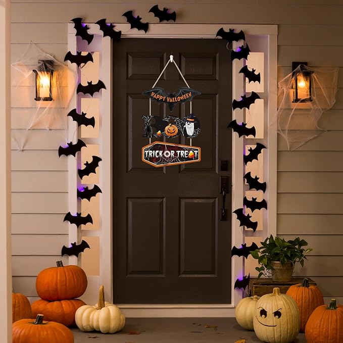 HOURIA Happy Halloween Wooden Sign(11.4”x14.6”),Halloween Boo Wall Decor,Cute Ghost Black Cat Pumpkin Door Hanger,Trick or Treat Wall Hanging Door Sign for Party Front Door Home Indoor Outdoor Yard