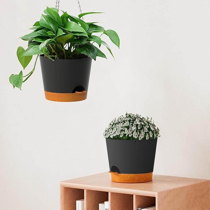 Hanging Planters for Indoor Outdoor Plants, 2 Pack Self Watering Hanging Pot with Drainage Holes and Plant Hangers, Hanging Baskets Flower Pots for Home Garden Decor (Black, 8 inch)