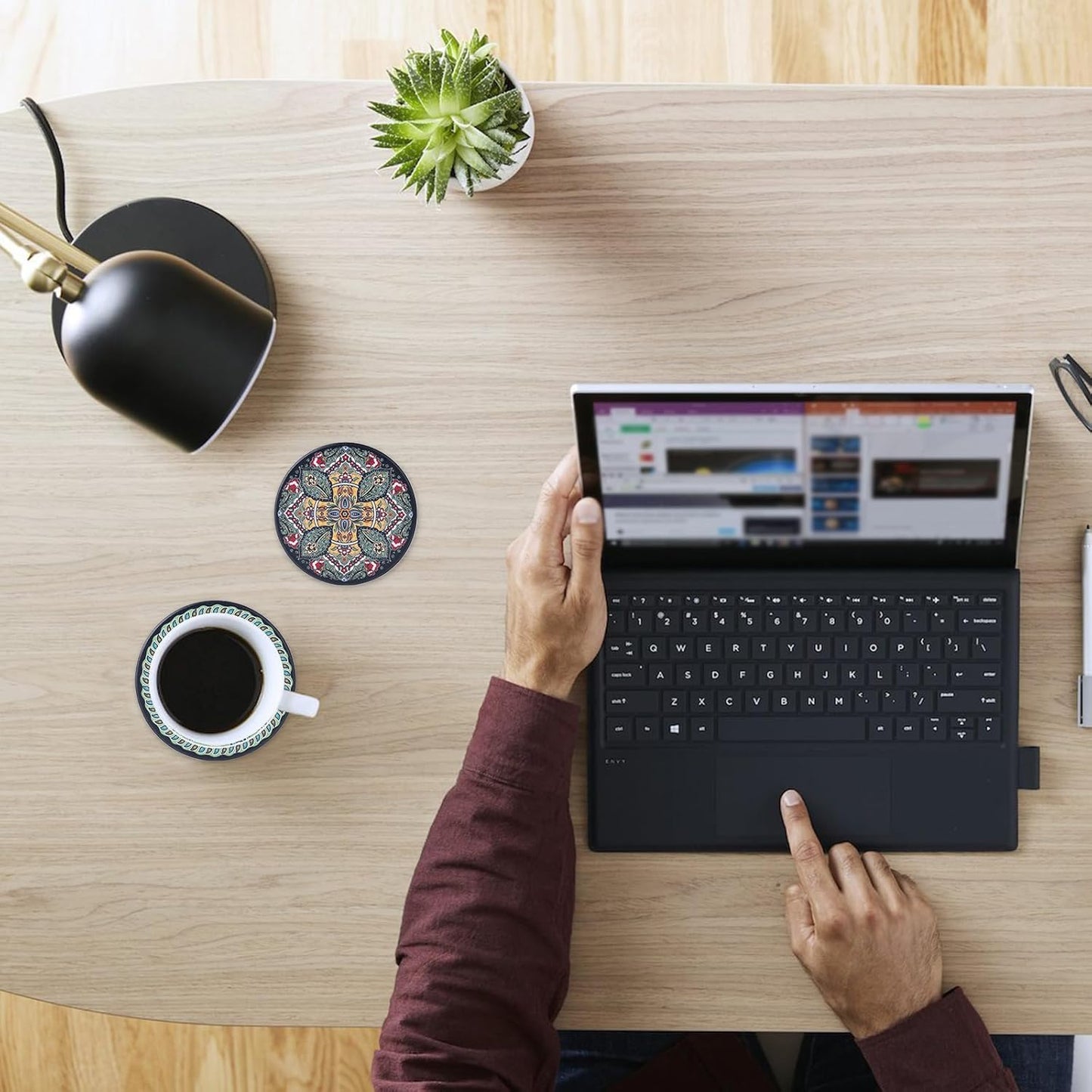 Coasters Absorbent Ceramic Coaster Drink Coasters with Cork Back Turkish Pattern Set of 6 Round Coaster Non Slip for Coffee Table Wine Glass Home Bar 4 Inch, Colorful