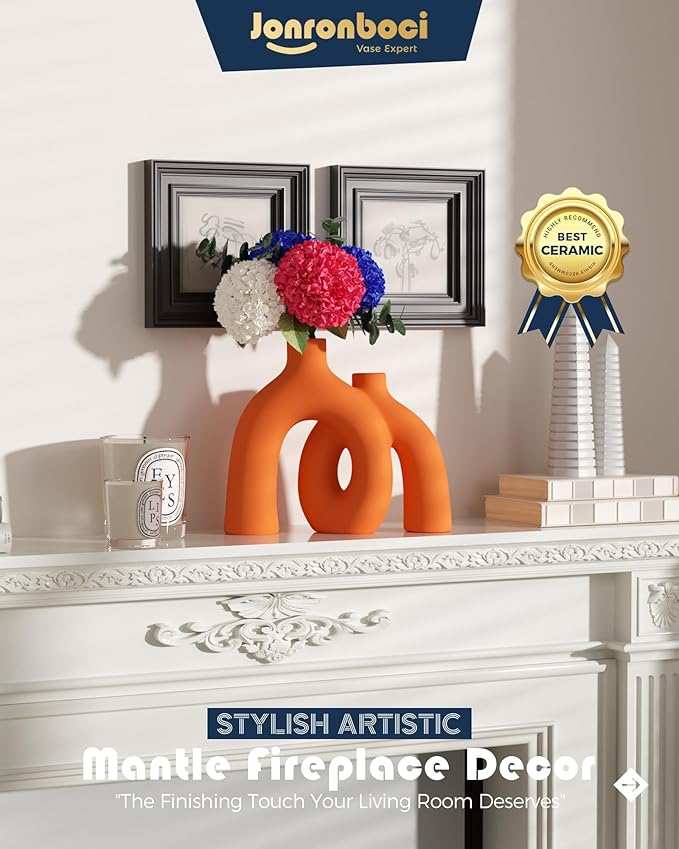 Hug Donut Decorative Vase Set - Modern Vases Home Decor, Decorative Vase for Bookshelf, Entryway Table, Dining Table Centerpiece, Mantle or Fireplace Decor, Console (Orange)