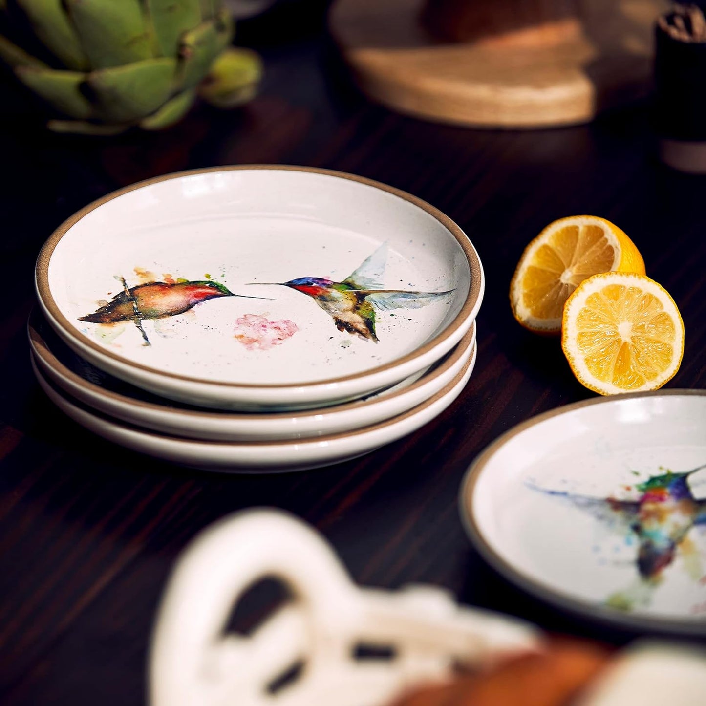 DEMDACO Watercolor PeeWee Birds 6.5 inch Stoneware Appetizer Plates Set of 4