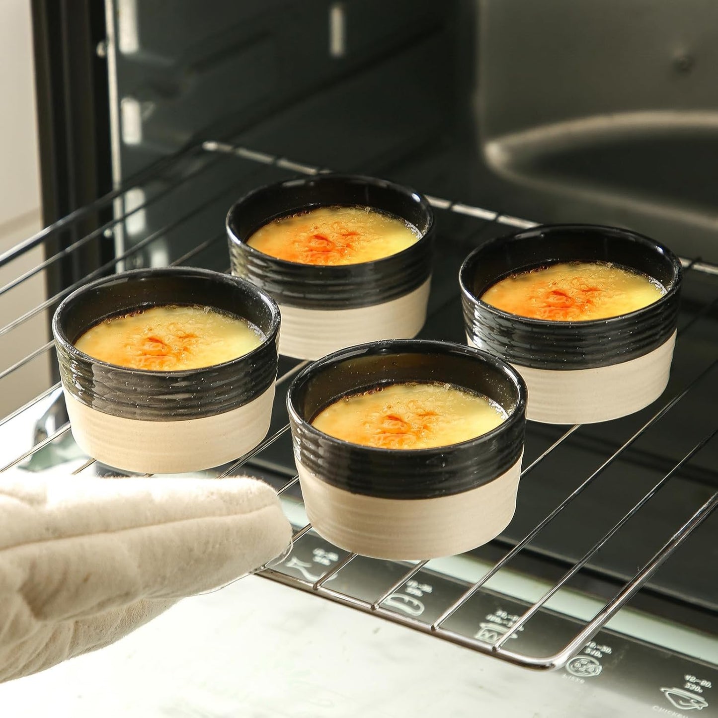 Hasense Porcelain Ramekins 4 oz Oven Safe, Mini Souffle Dishes Set of 6, Stylish Baking Cups, Perfect for Creme Brulee, Ice Cream, Dipping, Desserts, Appetizers, Glossy Black & Matte Ash Gray