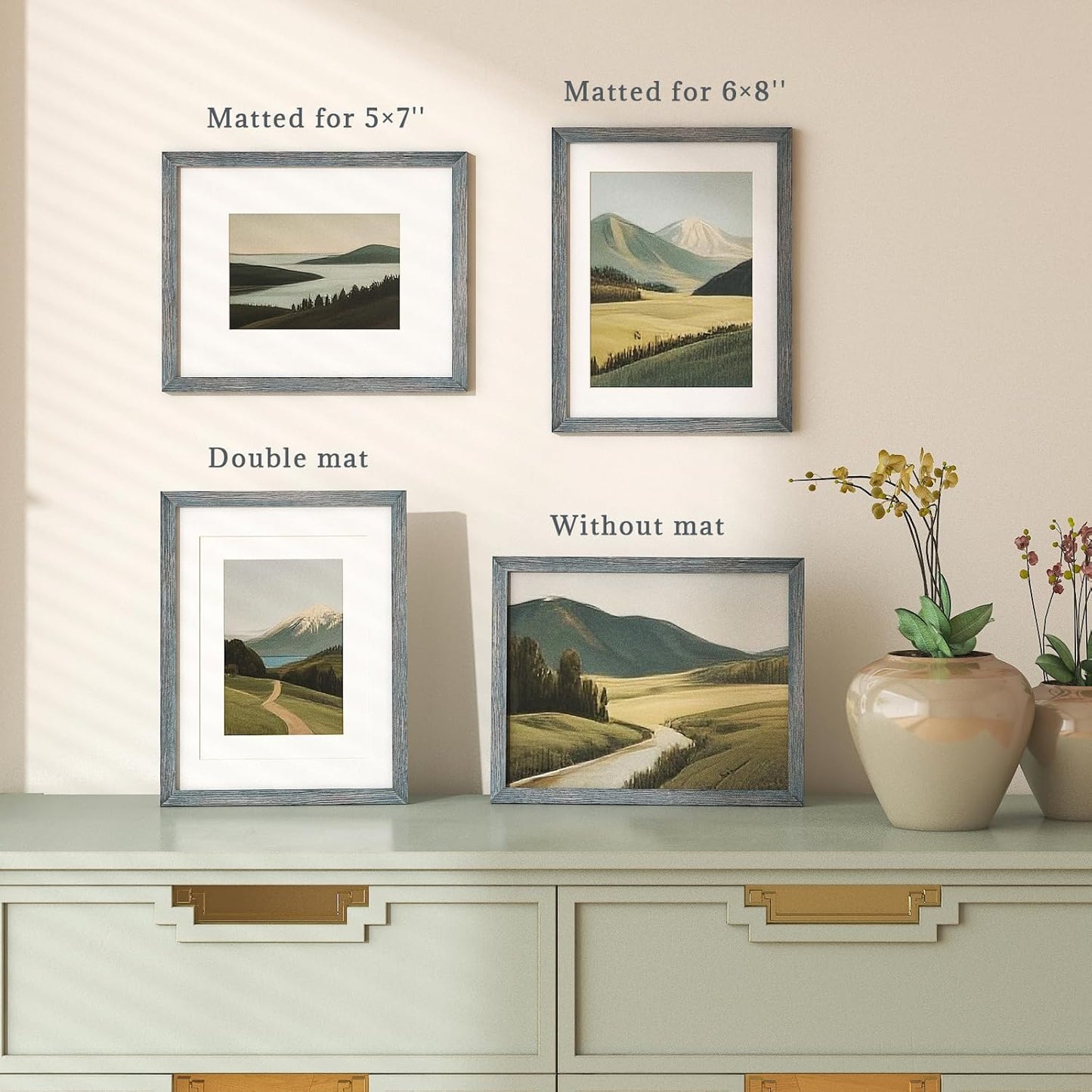 Egofine 11x14 Picture Frames Set of 4, Made of Solid Wood Covered by Plexiglass 5x7 and 8x10 with Mat or 11x14 without Mat, for Table Top Display and Wall Mounting Photo Frame Rustic Blue