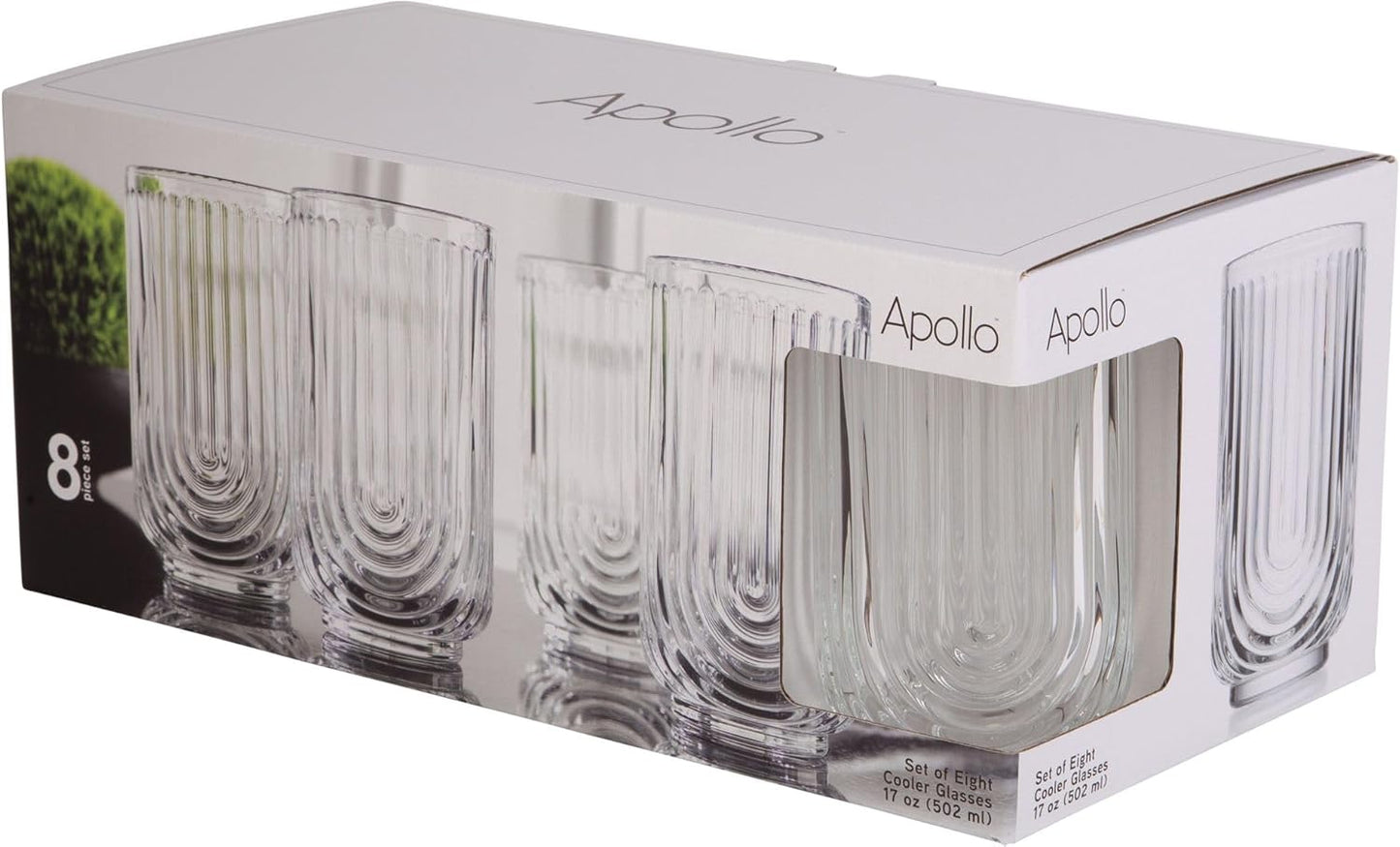 Glaver's Drinking Glasses Set of 8. 17oz Vintage Drinking Cups. Ripple Cocktail Glasses, Ribbed Drinking Highball Glass Cups. Arch Designed Art Deco Glassware for Water Juice Coffee. Package may Vary