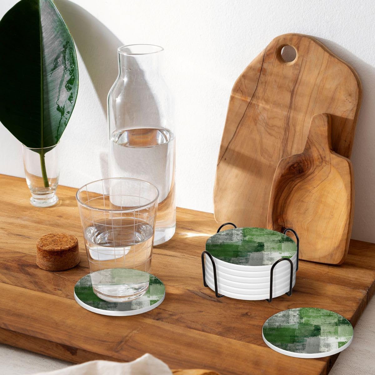 LOKMU Coasters for Drinks,Round Absorbent Ceramic Stone Coaster Sets of 6 with Metal Holder Stand,Green and Grey Abstract Art Coasters with Cork Base for Coffee Wooden Table,Housewarming Gifts