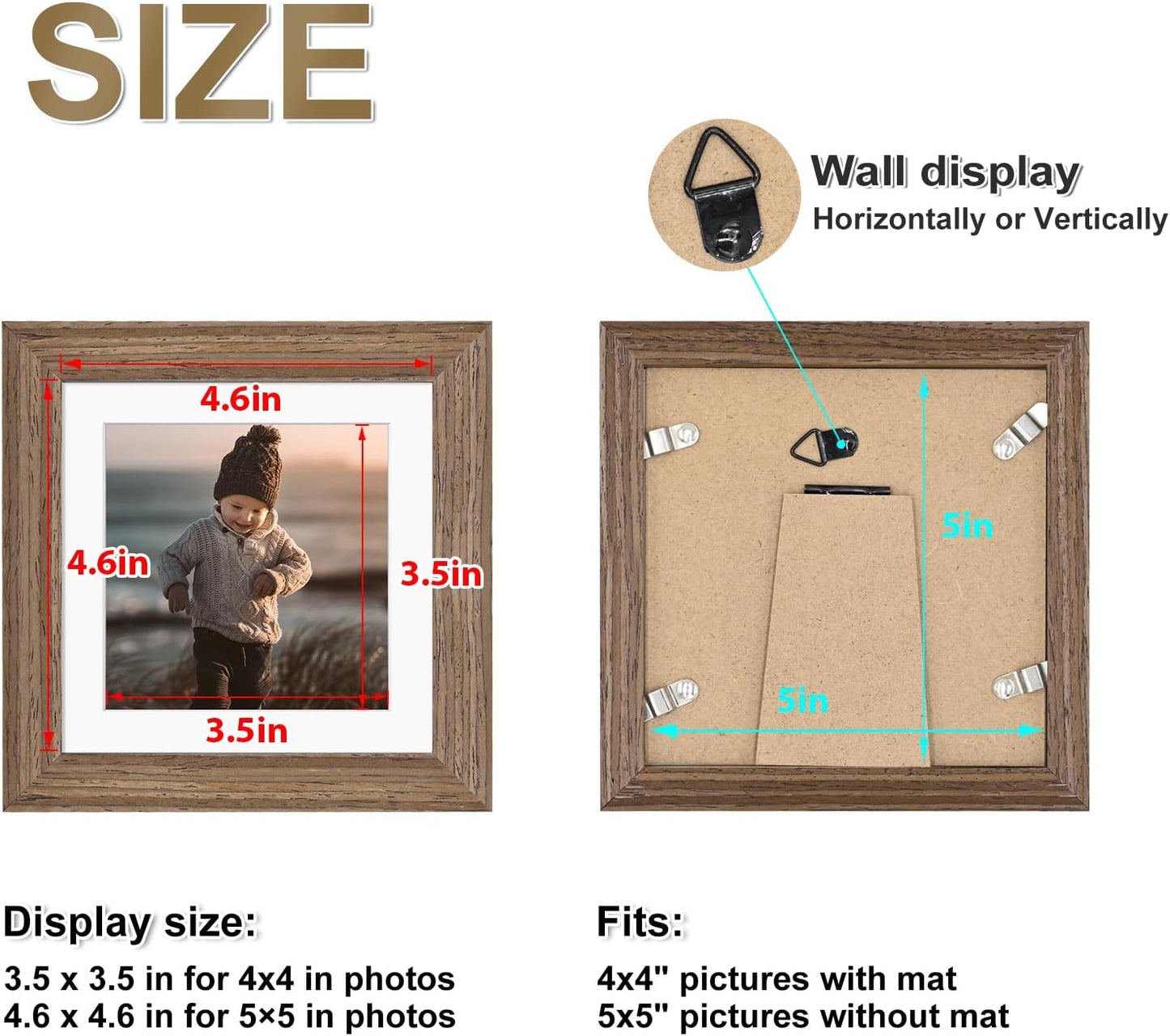 KINLINK 5x5 Picture Frame, Brown Square Solid Wood Frames for Pictures 4x4 with Mat or 5x5 without Mat, Wall and Tabletop Display Photo Frames Brown Wood 4 Pack