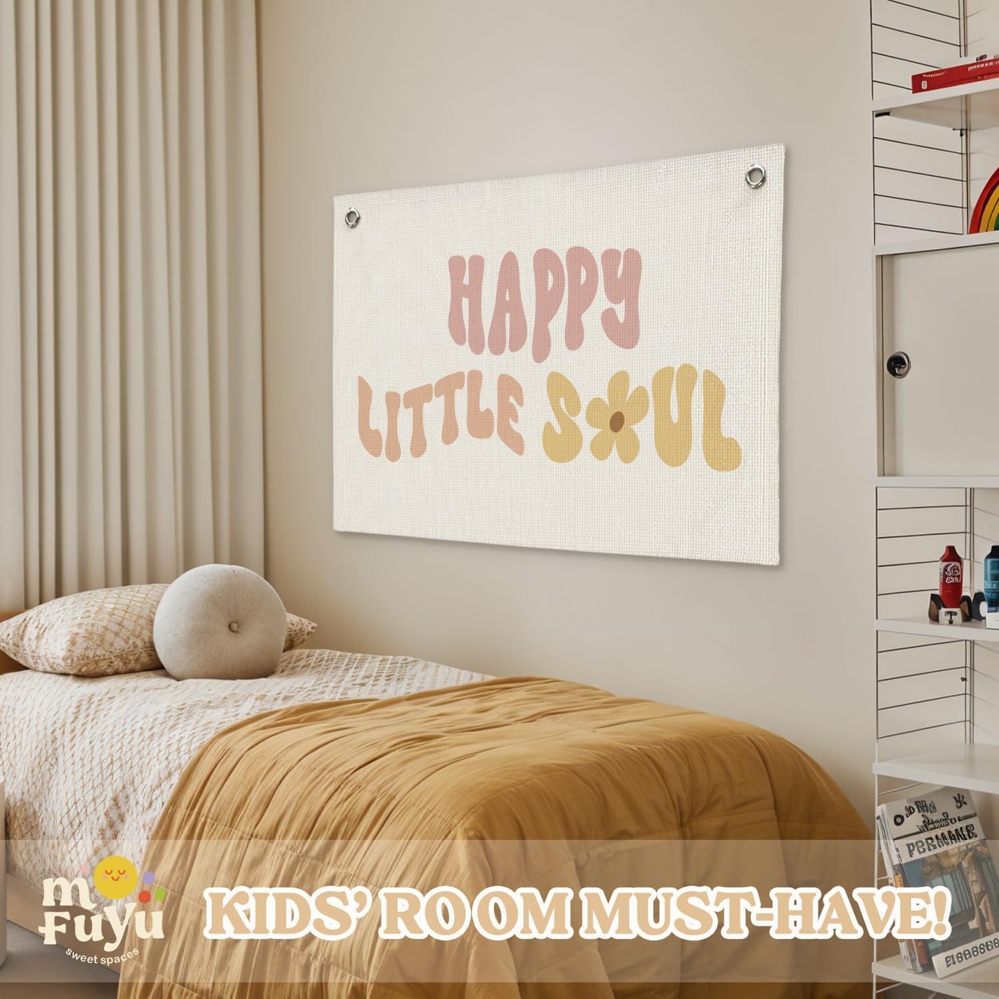 Girls Nursery Decor,Baby Girl Wall Decor,Happy Little Soul Linen Canvas Banner – Boho Inspirational Wall Hanging for Kids Room, Nursery and Playroom – 30x20 Inch