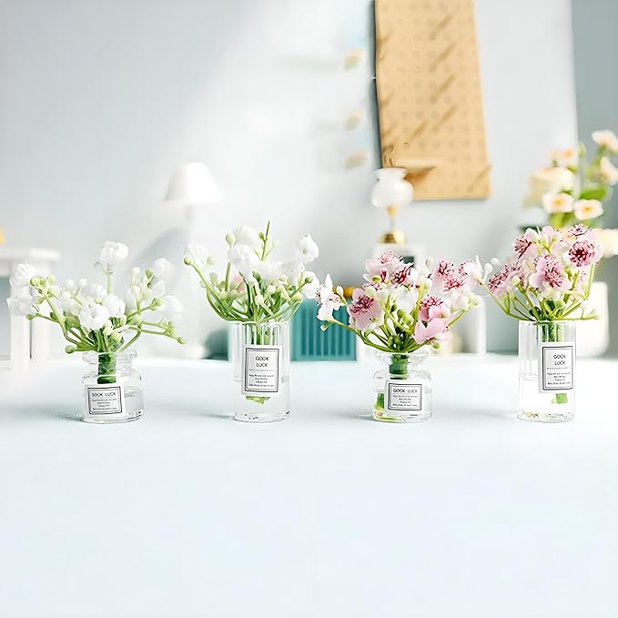 2Pcs Miniature Flower Vases with Peach Blossoms – Handmade Dollhouse Vases for Micro Landscape, Resin Floral Decorations for Fairy Garden Scenes, Home Shelf Styling, DIY Project and Table Centerpiece