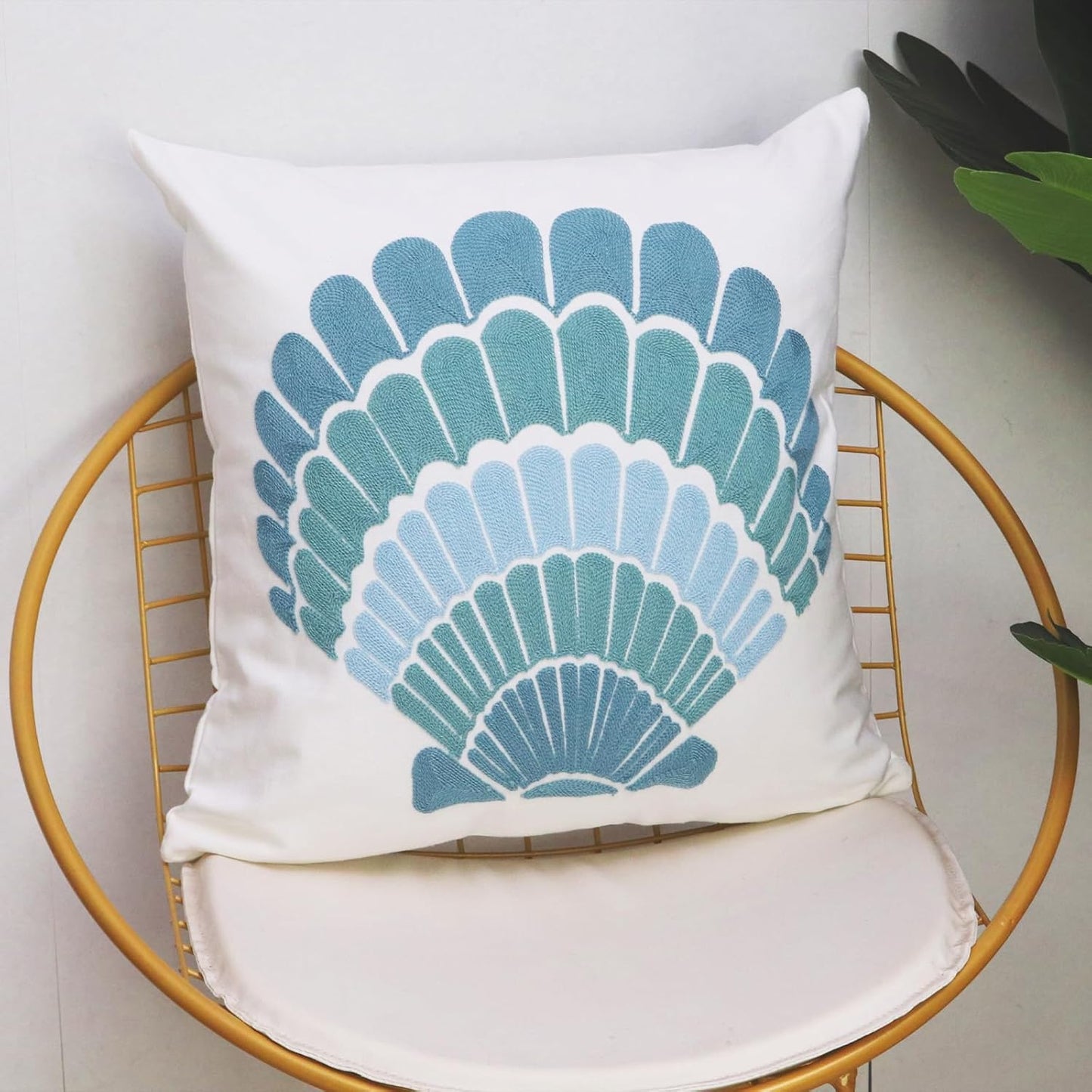 1 PCS Embroidered Throw Pillow Cover Cotton Decorative Square Cushion Cases for Home Sofa Bed and Chair 18 x 18 Inch (Blue Shell-2)