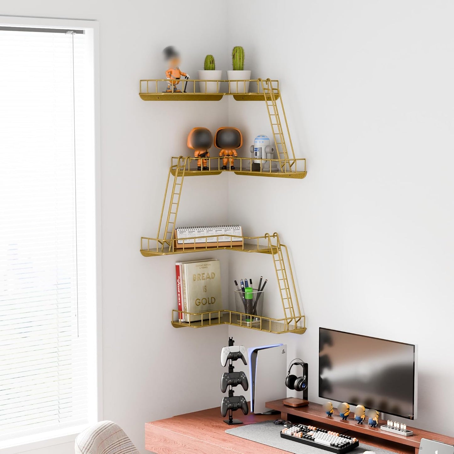 Fire Escape Wall Shelf - Modern City Style 4-Tier Corner Wall Shelves, Easy to Install Metal Ladder Shelf for Figures, New York Decorative Shelves for Bathroom, Living Room & Home Decor,Gold