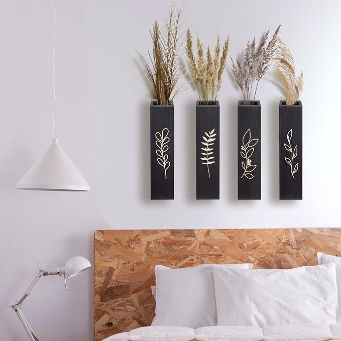 Wood Wall Planter, Farmhouse 4 Pack Indoor Pocket Wall Vases Decor for Living Room Bedroom Dried Flowers Faux Greenery Plants (Black)