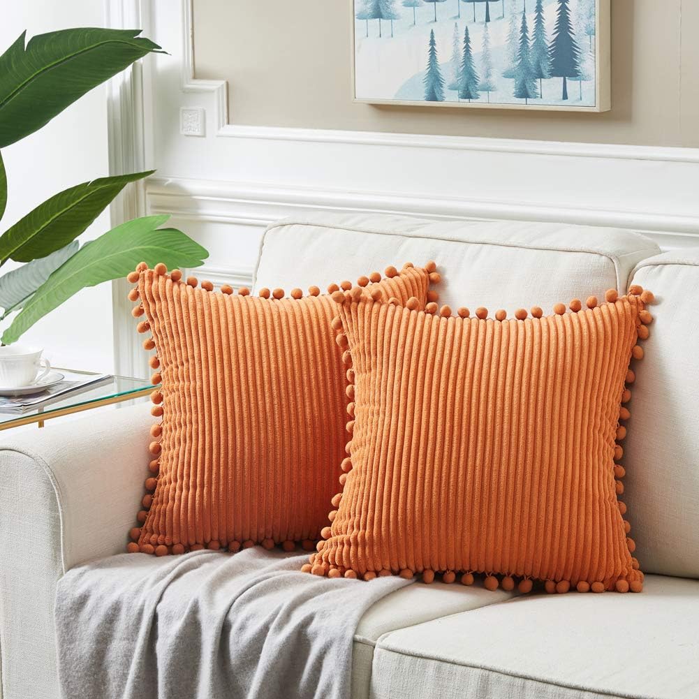 Fancy Homi Set of 2 Orange Decorative Throw Pillow Covers 14x14 Inch with Pom-poms for Couch Bed Sofa, Modern Farmhouse Boho Home Decor, Soft Plush Corduroy Cute Cushion Case 35x35 cm