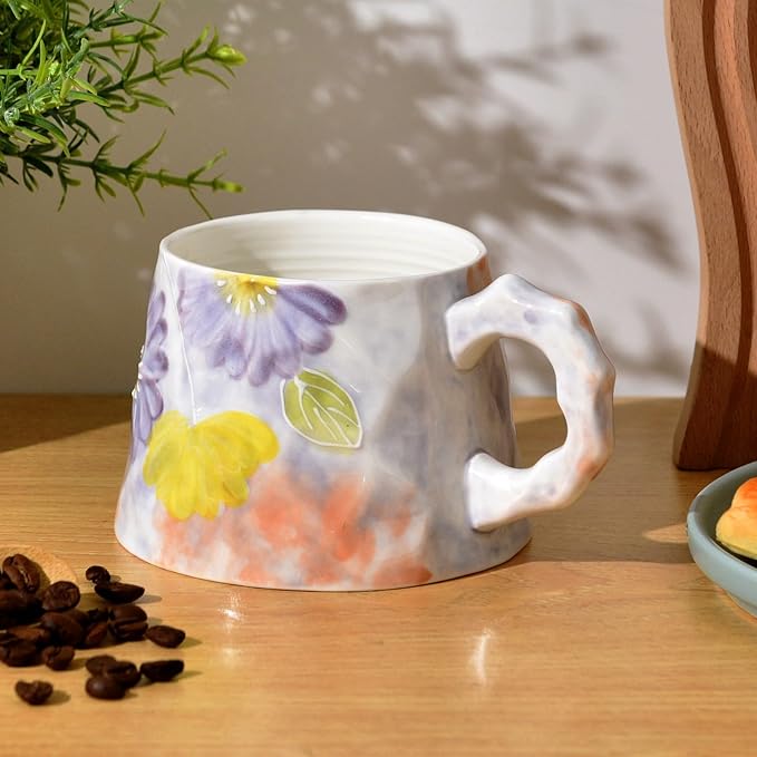 13oz ceramic mug, enlarged and thickened breakfast cup, suitable for spring, summer, autumn and winter, hand-painted cup, a personalized gift for girlfriend.