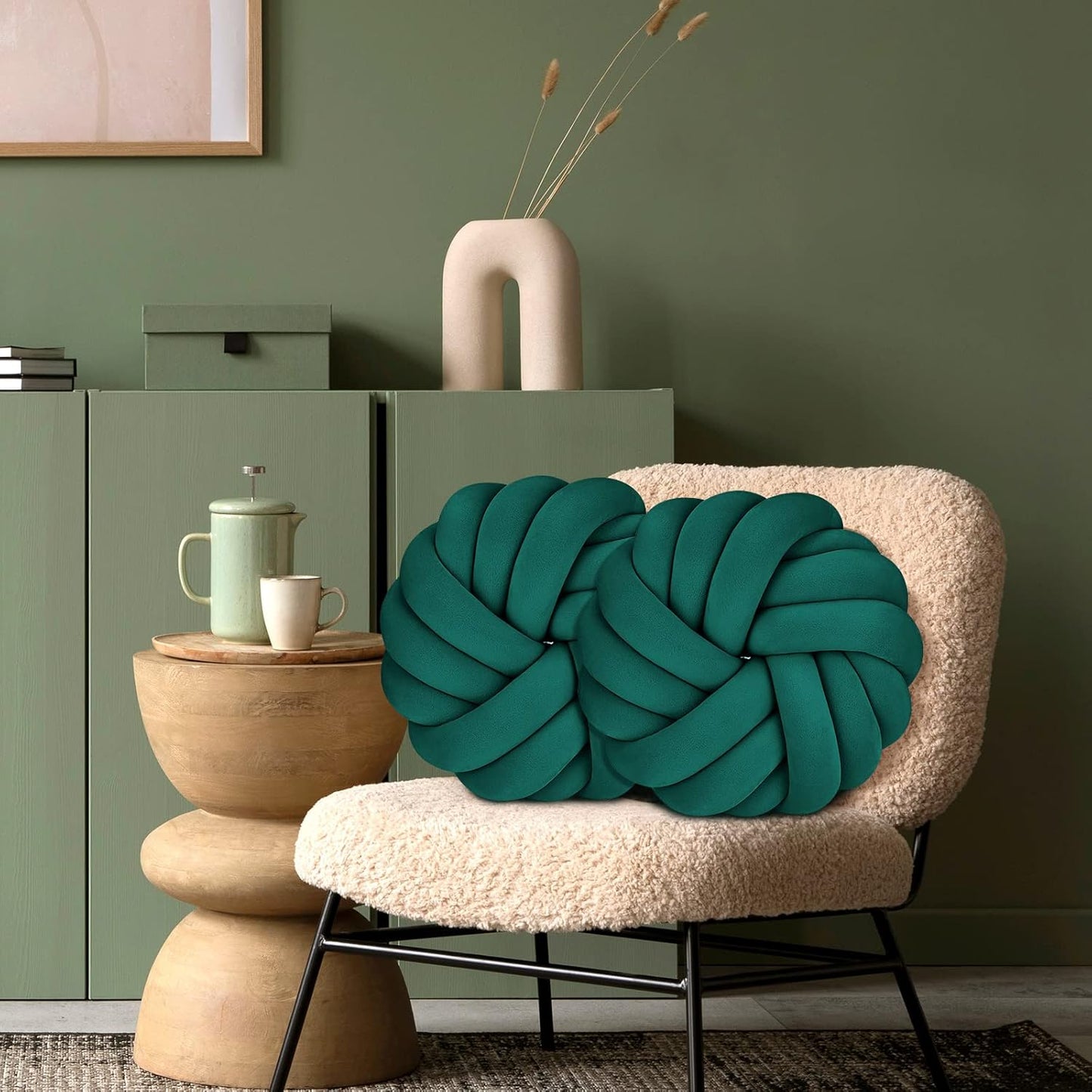 Fumete 2 Pcs 14 Inches Knot Pillow Round Throw Soft Plush Knot Ball Pillow Handmade Knotted Modern Home Decorative Cushion for Bed Bedroom, Sofa, Couch (Green)