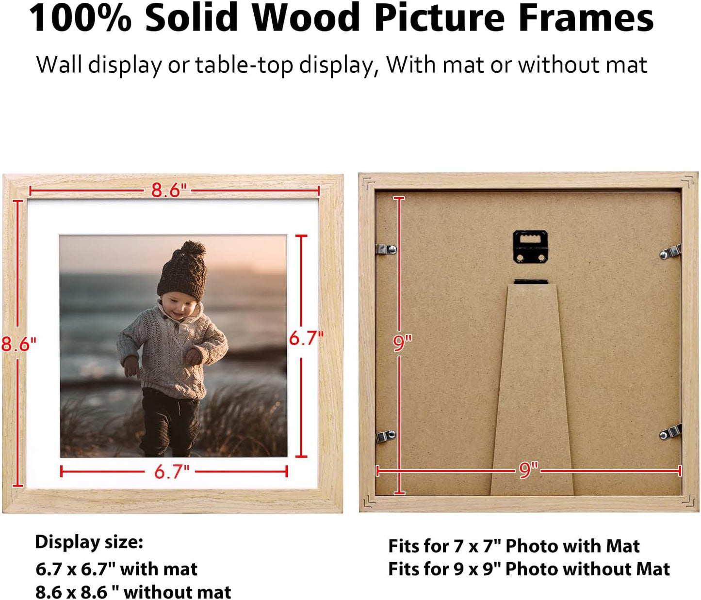 KINLINK 9x9 Picture Frame, Natural Square Solid Wood Frames for Pictures 6x6 with Mat or 9x9 without Mat, Wall and Tabletop Display Photo Frames Natural Wood 4 Pack